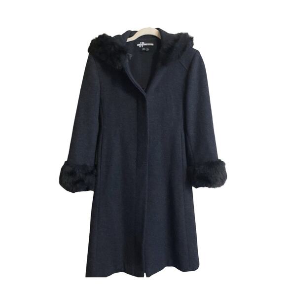 JP 100% Wool Coat Women's 10P (Demi )Charcoal Gray Faux Fur Trim Hooded Overcoat - Picture 4 of 13